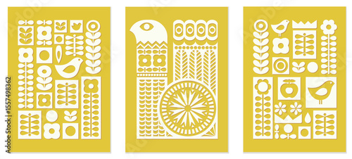 Retro Scandinavian Folk Poster Set in Mid Century Modern Style. Vector Illustration