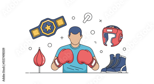 Illustration of a Boxer with Essential Training Equipment and Championship Belt Celebrating a Victory