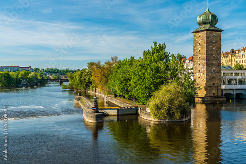 A view down the side of the Legion park from the Legion Bridge in Prague in springtime
