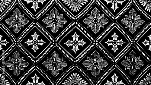 Moroccan tile pattern with repetitive floral and star-like shapes, a black and white sketch vector hand drawn