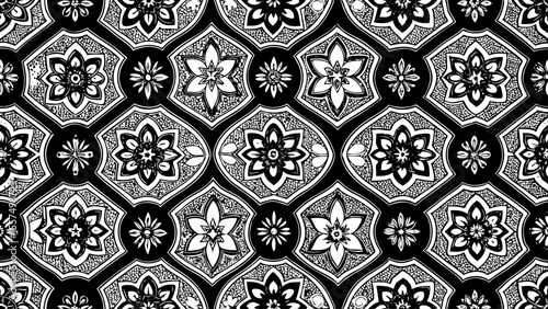 Moroccan tile pattern with repetitive floral and star-like shapes, a black and white sketch vector hand drawn