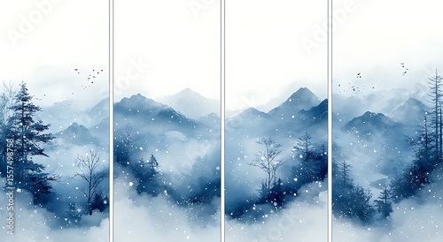Beautiful snowy mountain landscape with trees and winter fog in abstract watercolor