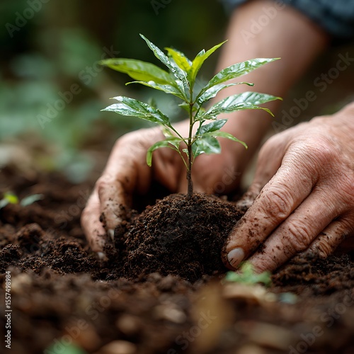 Planting a Tree Sapling: Hands Gently Placing a Young Plant in Soil
