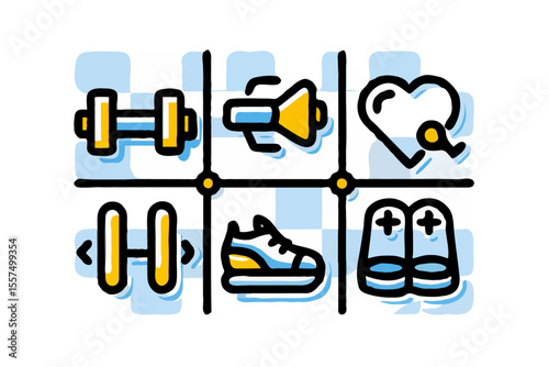 Collection of modern flat line icons representing fitness health and wellness activities