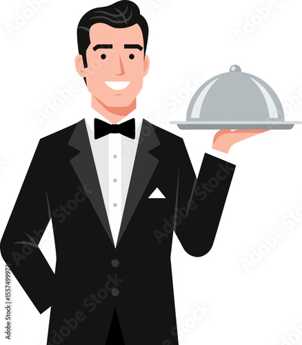 Professional Waiter Serving Food Elegant Restaurant Staff Illustration