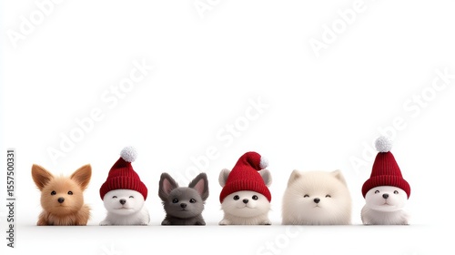 3D pastel colored chubby cute kawaii minimalist Watercolor art of six dogs in holiday attire. Concept of pets Christmas festive season celebration. Isolated on white background on pastel
