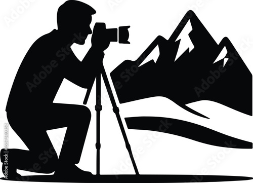 Silhouette photographer taking mountain landscape photo with tripod Vector illustration