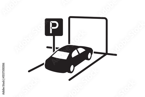 Car Parking Lot Silhouette Illustration Black Car in Parking Space Vector