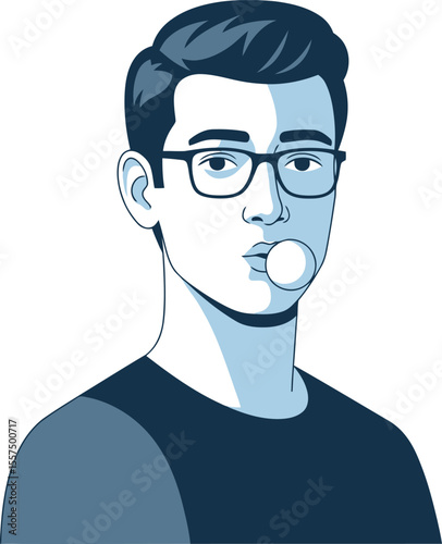 Stylish Young Man with Glasses Blowing Bubble Gum Retro Illustration