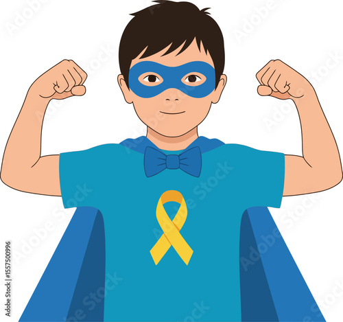 A boy dressed as a superhero, displaying strength, wearing a blue cape and a yellow ribbon, symbolizing support for a cause.