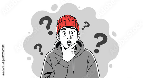 Young Person Pondering Deeply Surrounded by Many Question Marks Expressing Confusion and Uncertainty