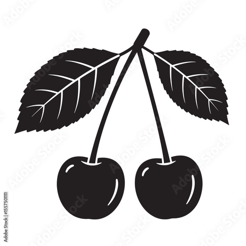 A simple black and white vintage art silhouette depicting fresh cherries with leaves
