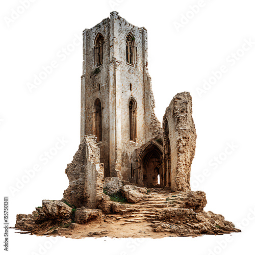 Ancient Stone Ruins A Majestic Medieval Church Tower white background against transparent Background