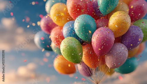 Colorful balloons and confetti against a dreamy, cloud-filled sky