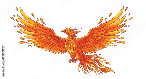 Majestic Fiery Phoenix Bird Symbol of Rebirth and Transformation Soaring Through the Sky with Vibrant Orange and Yellow Wings Extended