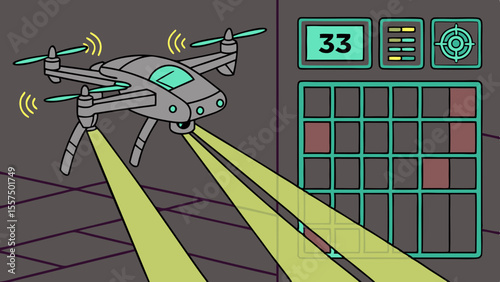 33   cyber drone scanning data grids with laser | Cybersecurity Vector Illustration