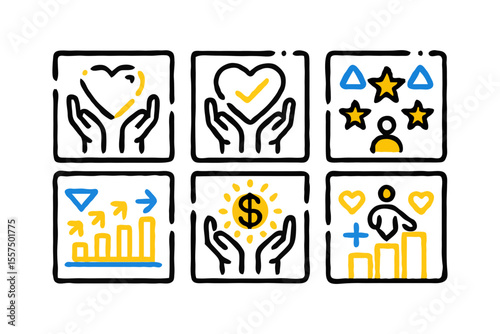 Collection of diamond icons representing quality trust excellence and values