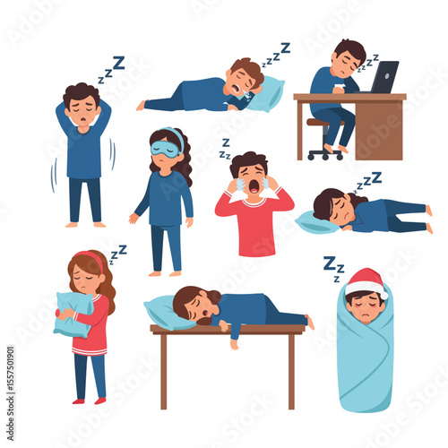 Set of Sleepy and Tired Characters in Various Poses