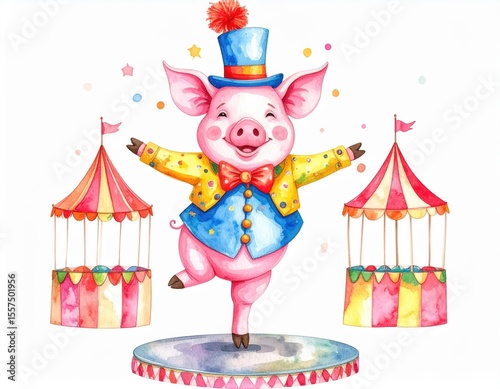 A charming watercolor illustration of a pig performing in a circus setting