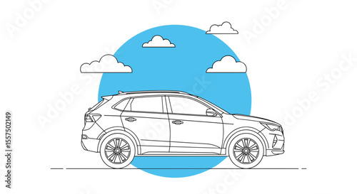 Modern SUV driving through a scenic landscape under a bright sky with fluffy clouds