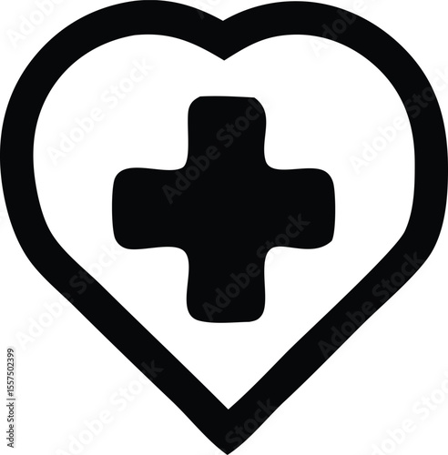 A stylized black heart shape encloses a bold black plus symbol representing health and care