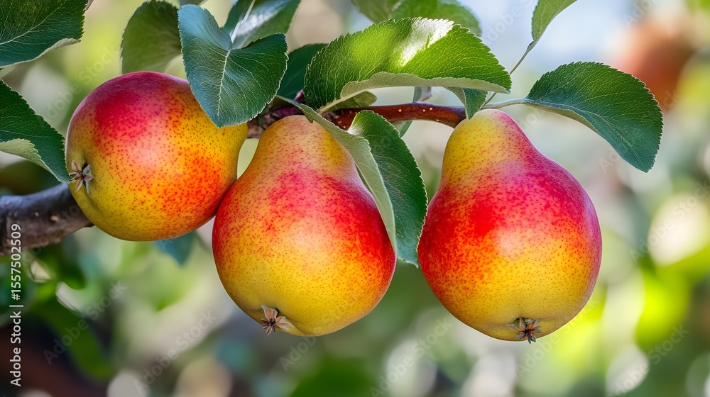 Obraz premium Three Ripe Red and Yellow Pears on Branch