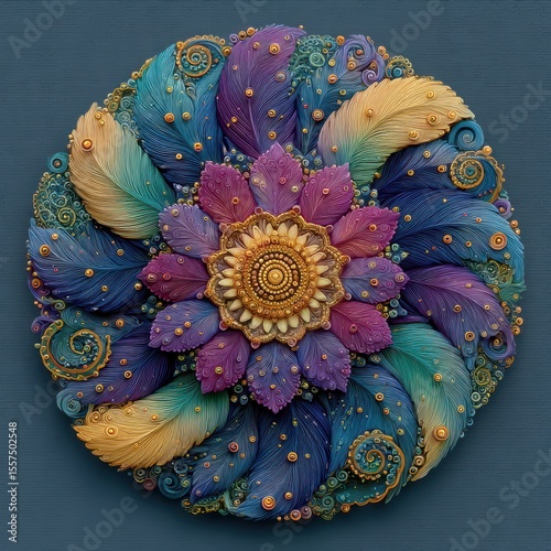 Colorful feathered floral mandala design on a gradient background