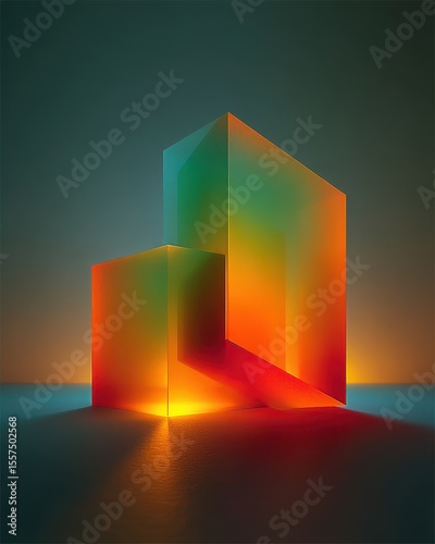 Colorful geometric blocks glow against a dark, abstract backdrop