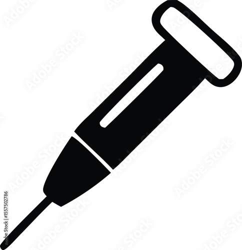 Simple black and white icon of a medical syringe with a needle representing healthcare and medical procedures