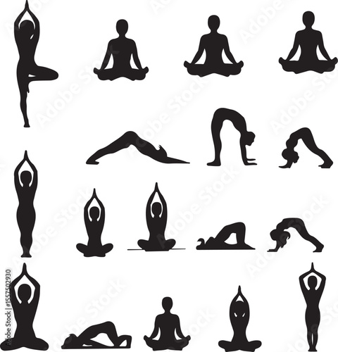 Yoga Poses Collection of Black and White Silhouettes for Illustrations