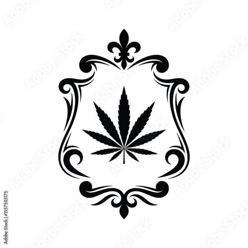 Black Cannabis Leaf in Ornate Shield Emblem marijuana