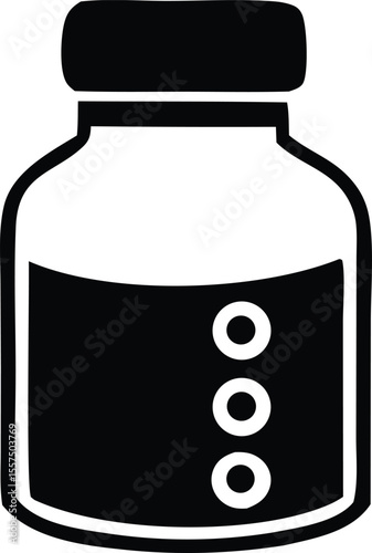 Simple black and white icon of a laboratory vial with a dark liquid and three white circular markings on its side