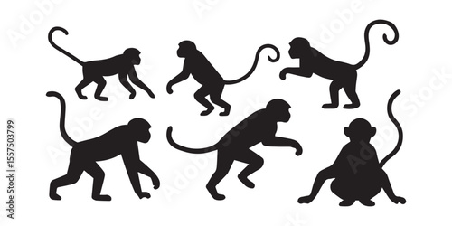 Canvas Print Set of black monkey silhouettes in various poses: climbing, walking, jumping, and sitting