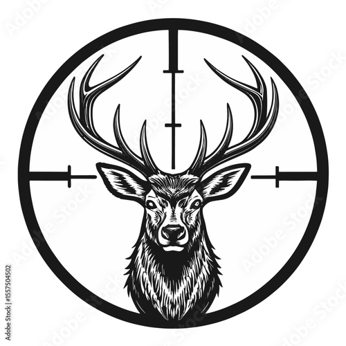 Deer with antlers silhouette with gun crosshair target vector hunting marksman logo on white background
