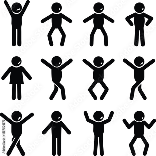 A collection of diverse stick figure icons showcasing various dynamic poses and celebratory gestures against a clean white background