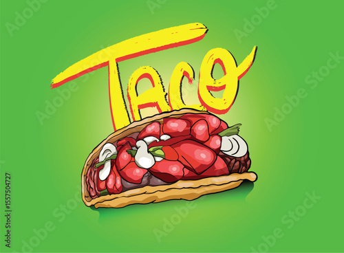 Delicious crunchy tacos with vegetables and meat reflecting on a surface