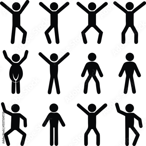 Collection of black stick figure icons depicting various poses and actions of people