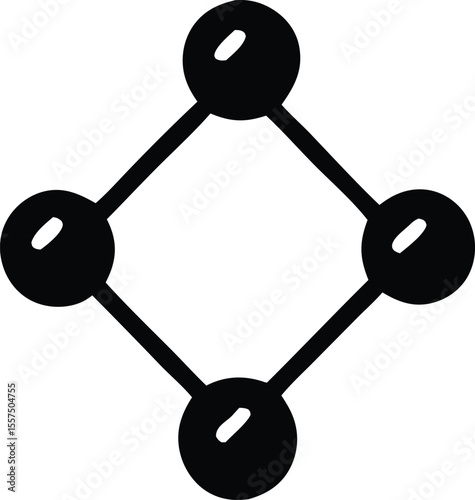 A stylized black icon depicting a molecular structure with four connected spheres arranged in a diamond shape on a white background