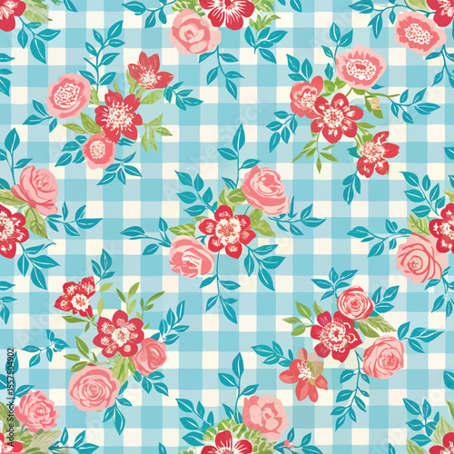 SEAMLESS FLORAL PATTERN ON GINGHAM CHECK BACKGROUND