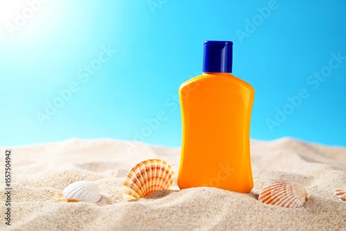 Bright Orange Sunscreen Bottle with Blue Cap and Decorative Seashells on Pristine Beach Sand