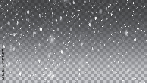 Clear snowflakes and frost white snow particles on isolated transparent background. small falling snowflakes. Snow storm effect. Vector snowfall