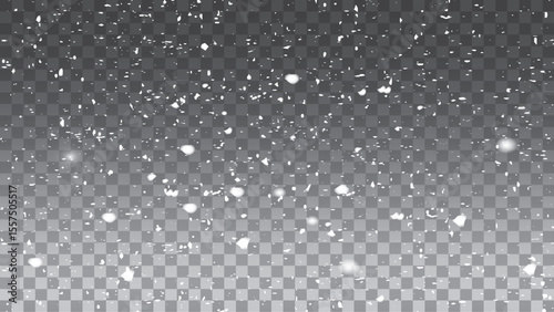 Transparent background with small falling snowflakes. Snow storm effect, blurred, cold wind with snow. Clear snowflakes and frost white snow particles on isolated transparent background. Vector snowfa