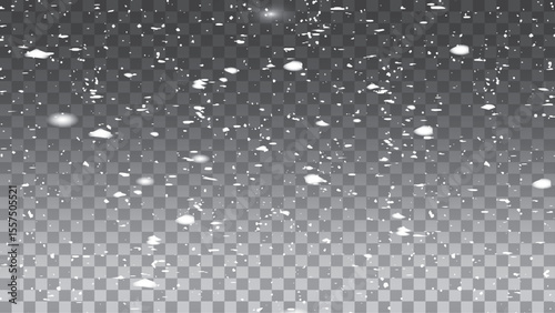 Transparent background with small falling snowflakes. Snow storm effect, blurred, cold wind with snow. Clear snowflakes and frost white snow particles on isolated transparent background. Vector snowfa