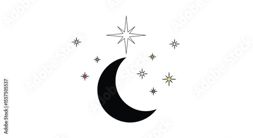 Celestial Wonder A Crescent Moon Adorned With Twinkling Stars and a Radiant Guiding Light Above in the Night Sky