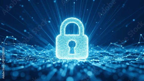 A glowing blue padlock is shown in the center of a dark blue network background with radiating lines of light