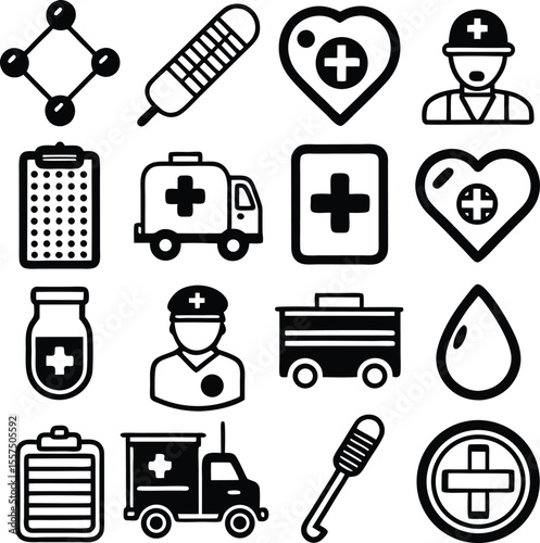 A collection of black and white medical icons representing healthcare services equipment and symbols including ambulances doctors and vital signs