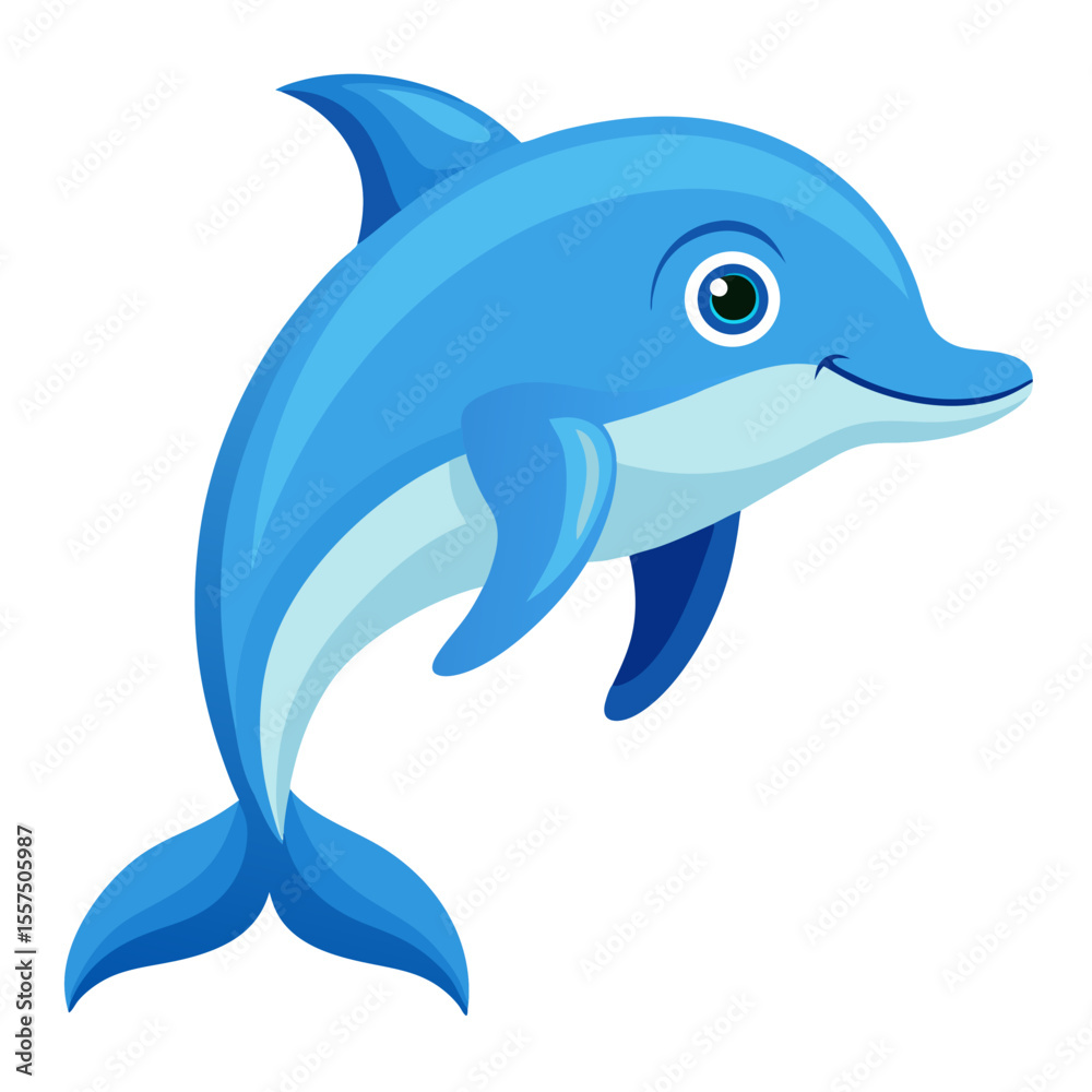 Fototapeta premium A cheerful cartoon dolphin leaps playfully rendered in shades of blue with a friendly smile set against a clean white background perfect for children s
