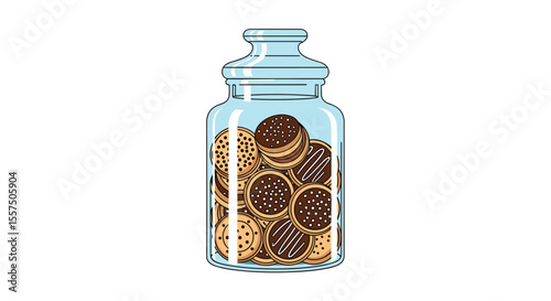 A Clear Glass Jar Filled to the Brim with Delicious Chocolate Sandwich Cookies Decorated with Drizzled Chocolate