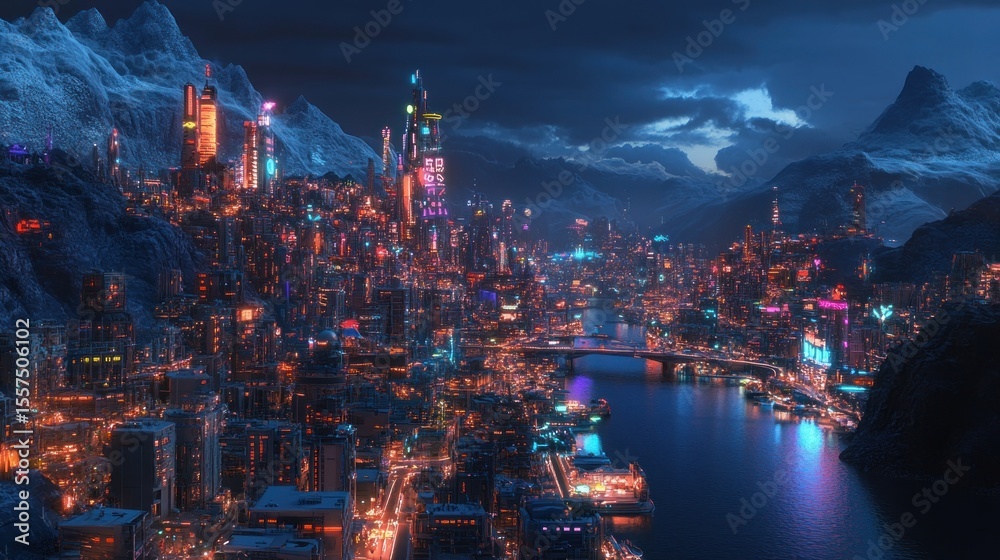 Fototapeta premium Futuristic city nestled in a snowy mountain valley at night, vibrant neon lights illuminating skyscrapers and a river flowing through