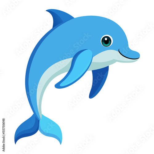A cheerful cartoon dolphin with bright blue skin a friendly smile and a playful pose set against a clean white background perfect for children s